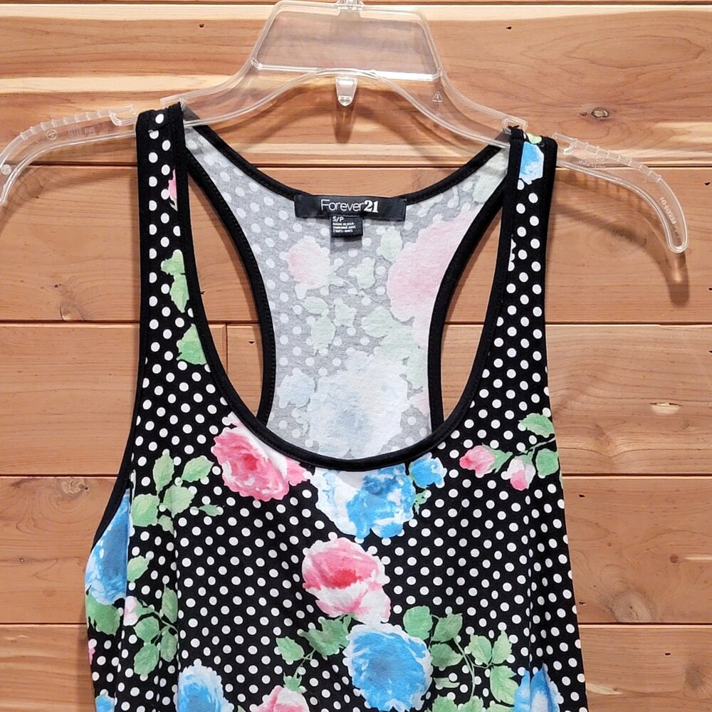 Forever 21 Small Womans Black Racer Tank Top White Polka Dots Floral Juniors